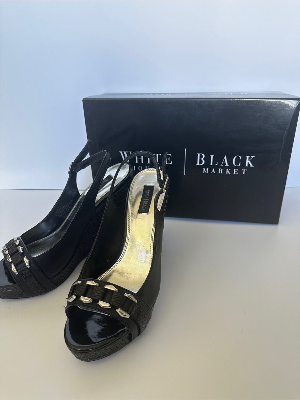 White House Black Market Black Slingback Wedge Sandals with Silver Chain